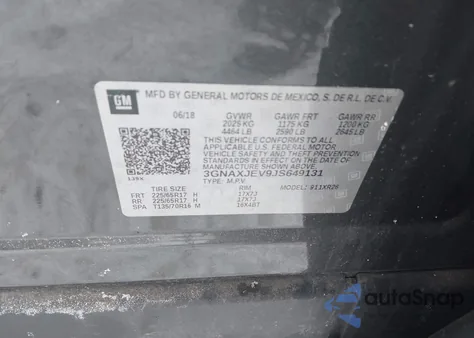 2018 Chevrolet Equinox Lt z USA, uszkodzony, nr VIN 3GNAXJEV9JS649131